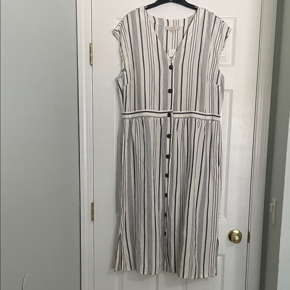 LOFT Navy and White Linen Striped Midi Dress